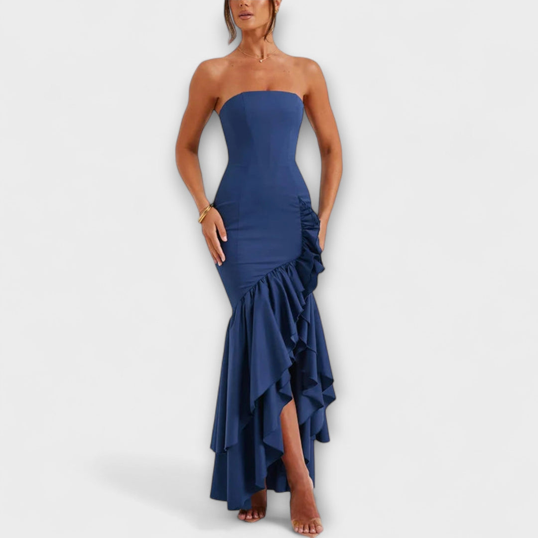 Zuri - Rosa Off-Shoulder-Maxikleid mit Rüschen