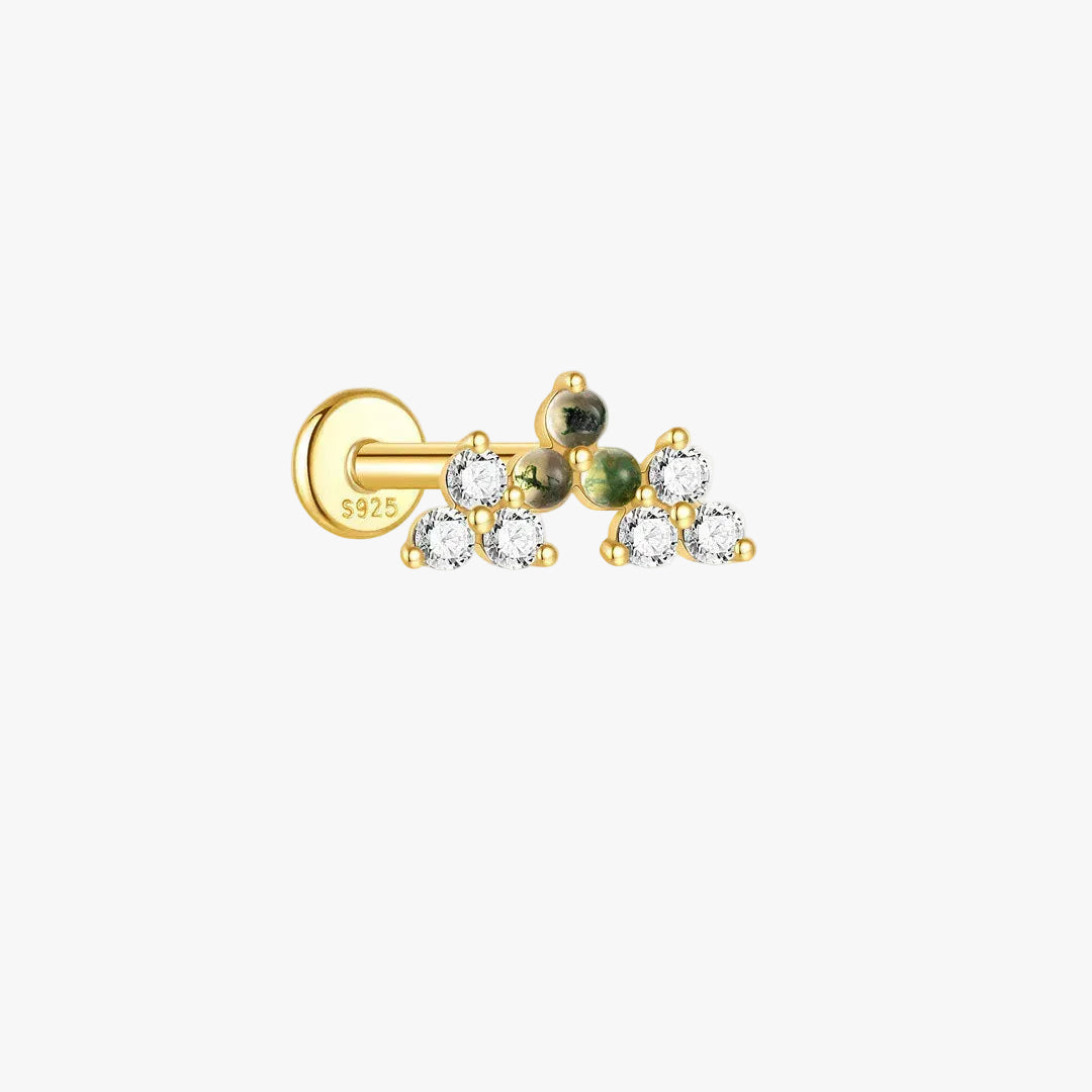 Gold Stud Earrings with Green Agate and Crystals