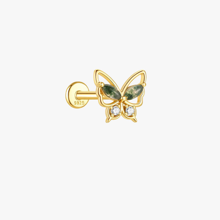 Gold Stud Earrings with Green Agate and Crystals
