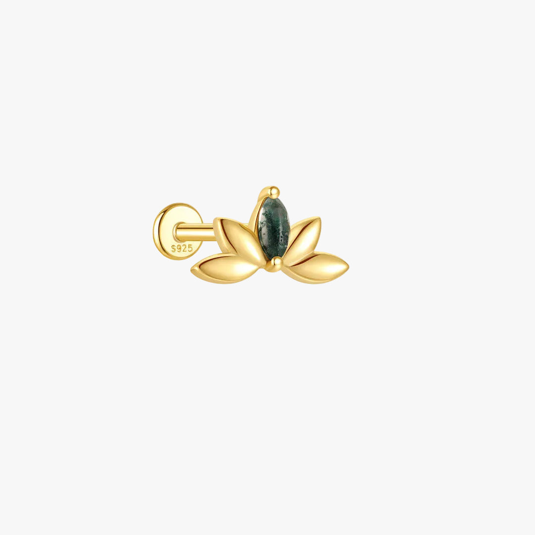 Gold Stud Earrings with Green Agate and Crystals