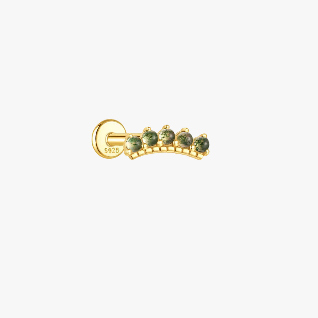 Gold Stud Earrings with Green Agate and Crystals