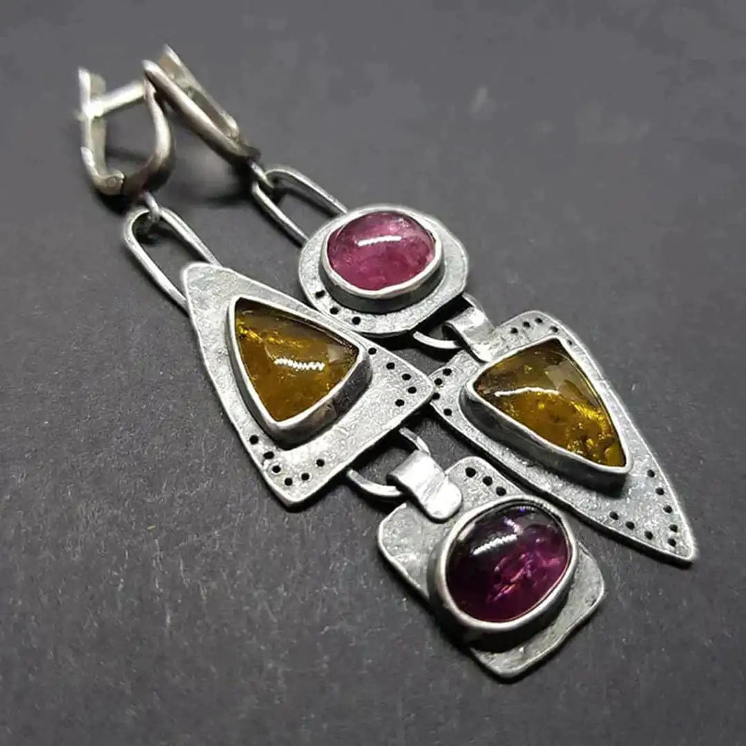 Silver Drop Earrings with Amber and Pink Tourmaline