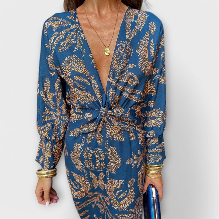 Oriana - Blaues Kleid mit goldenem Muster