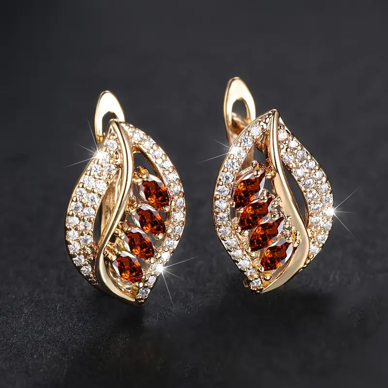Gold Drop Earrings Ciara with Garnet Leaf Design