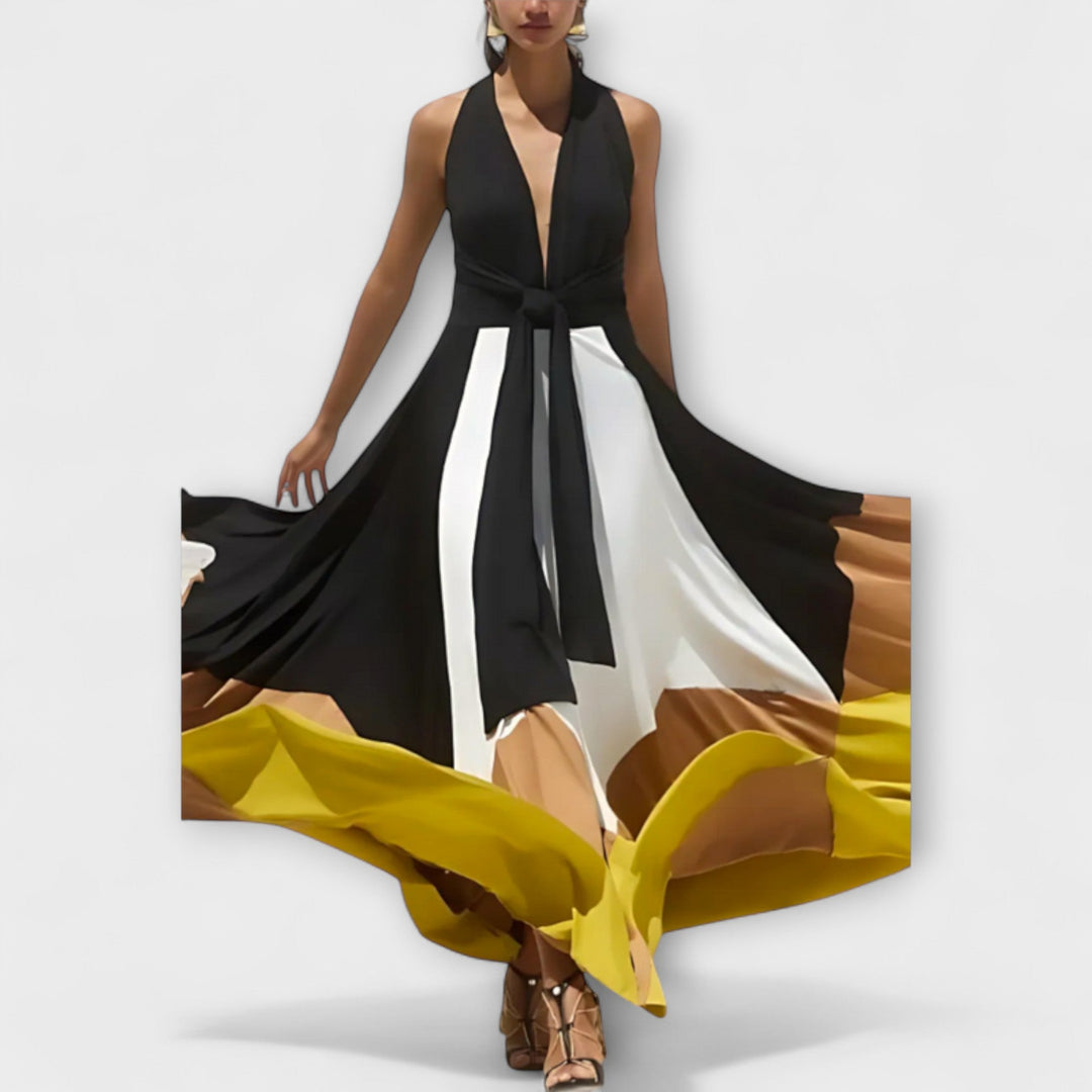 Nava - Schwarz-cremes Maxikleid mit Farbblock