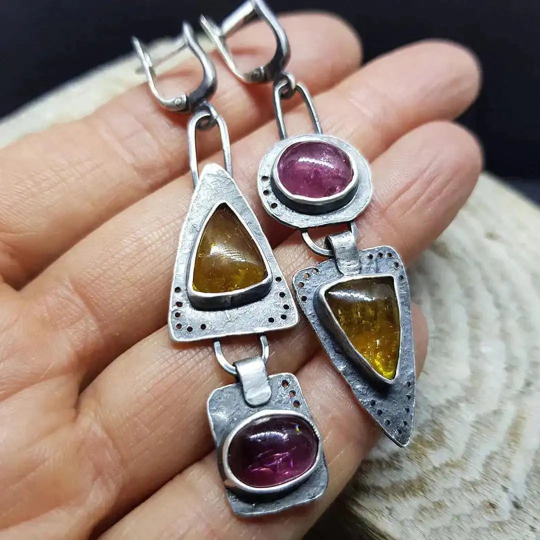 Silver Drop Earrings with Amber and Pink Tourmaline