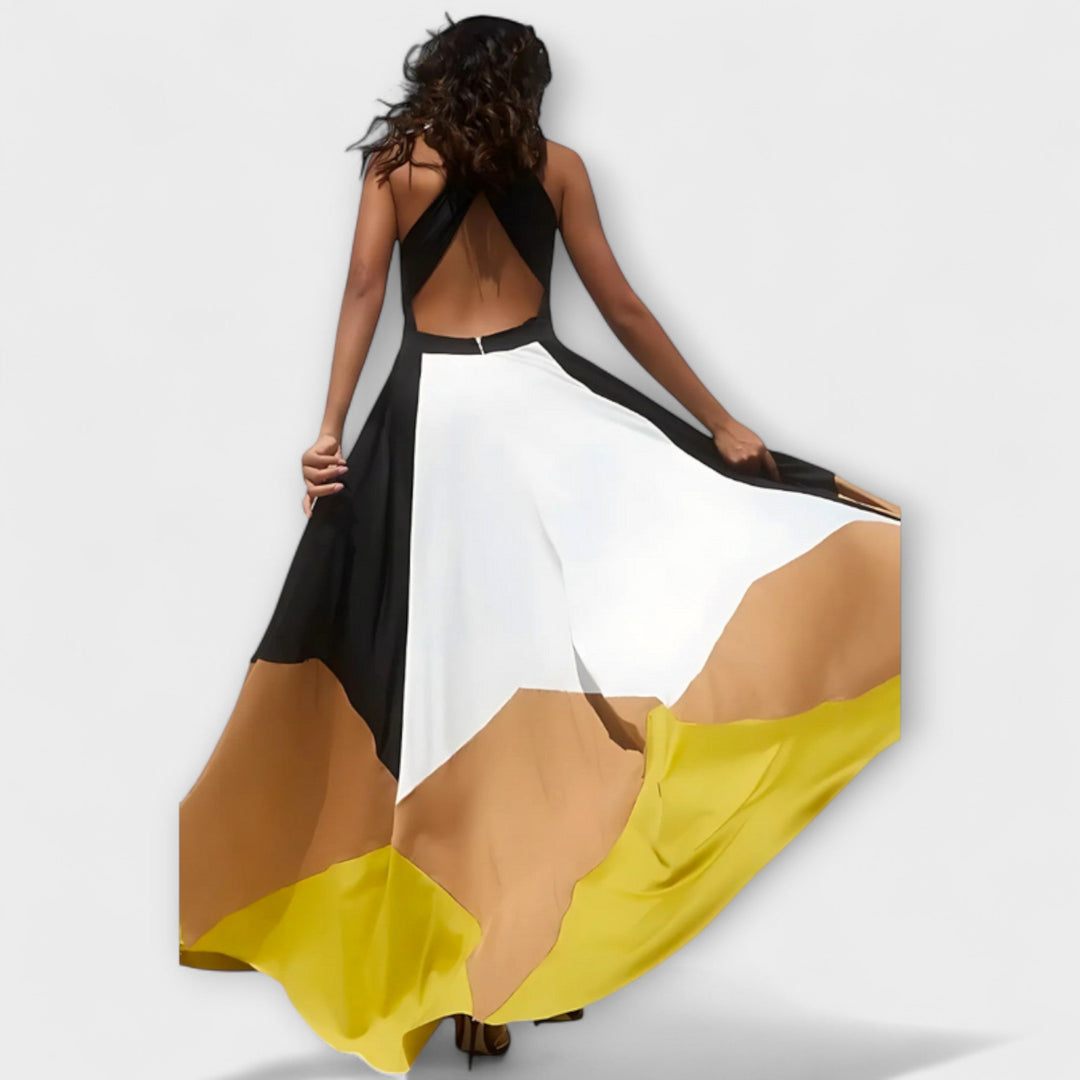 Nava - Schwarz-cremes Maxikleid mit Farbblock
