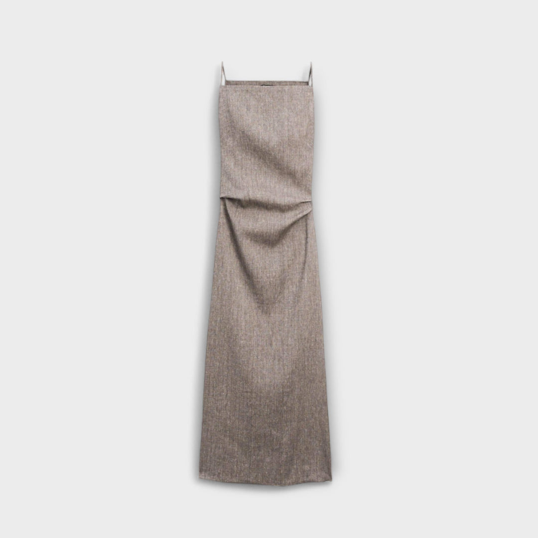 Clara - Graubraunes fliessendes Leinen-Maxikleid