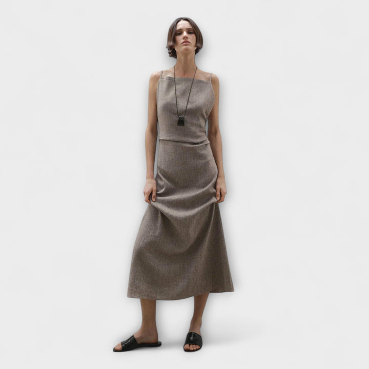 Clara - Graubraunes fliessendes Leinen-Maxikleid