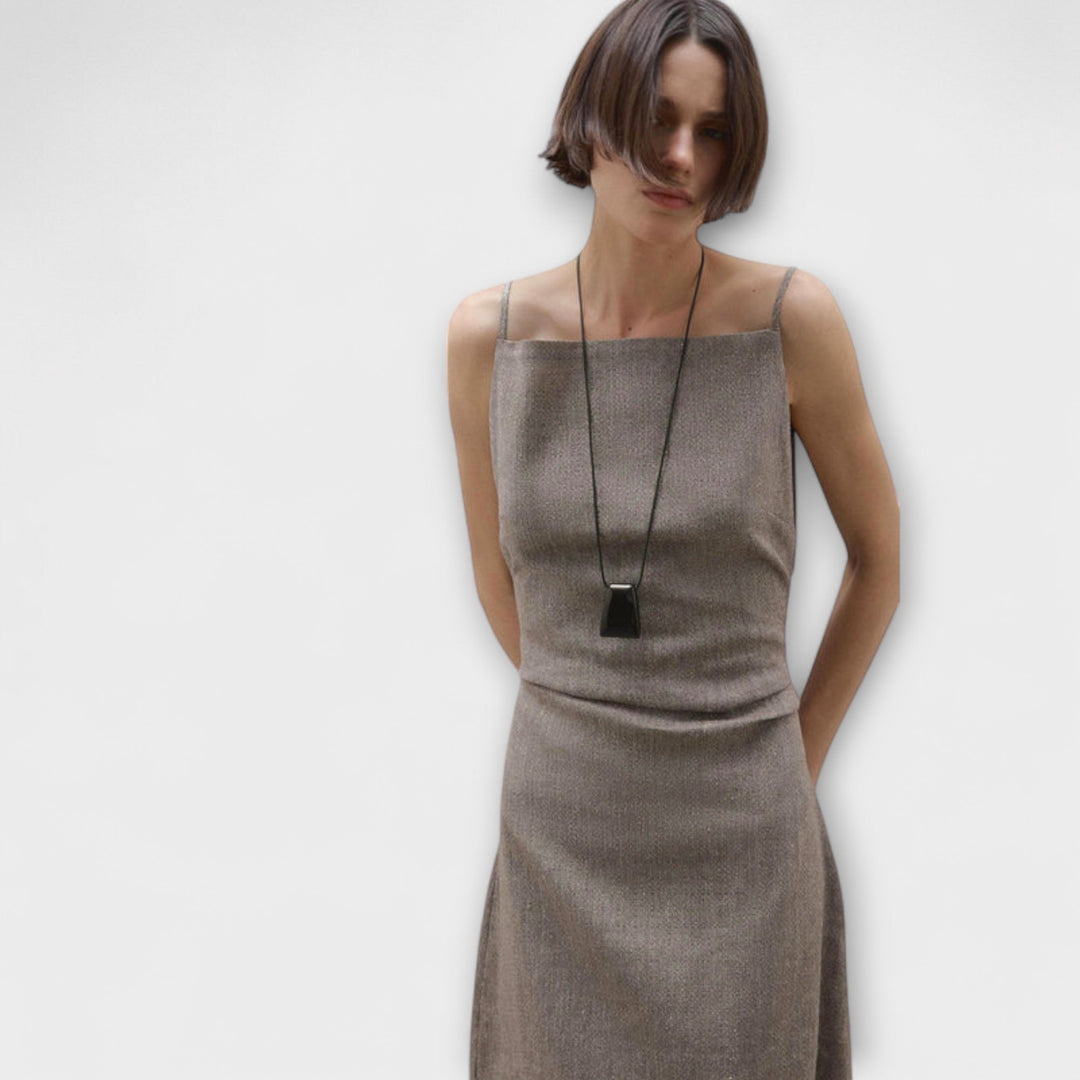 Clara - Graubraunes fliessendes Leinen-Maxikleid