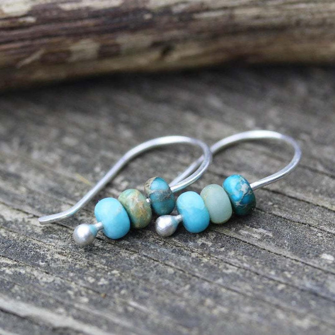 Silver Drop Earrings Dingle with Turquoise Beads