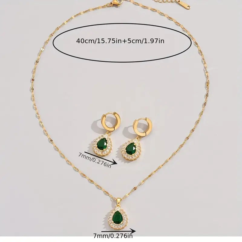 Gold Necklace and Earrings Set with Emerald Teardrops and Zirconia