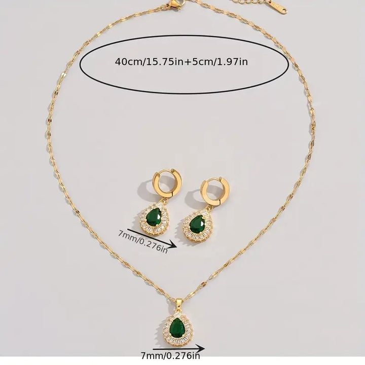 Gold Necklace and Earrings Set with Emerald Teardrops and Zirconia