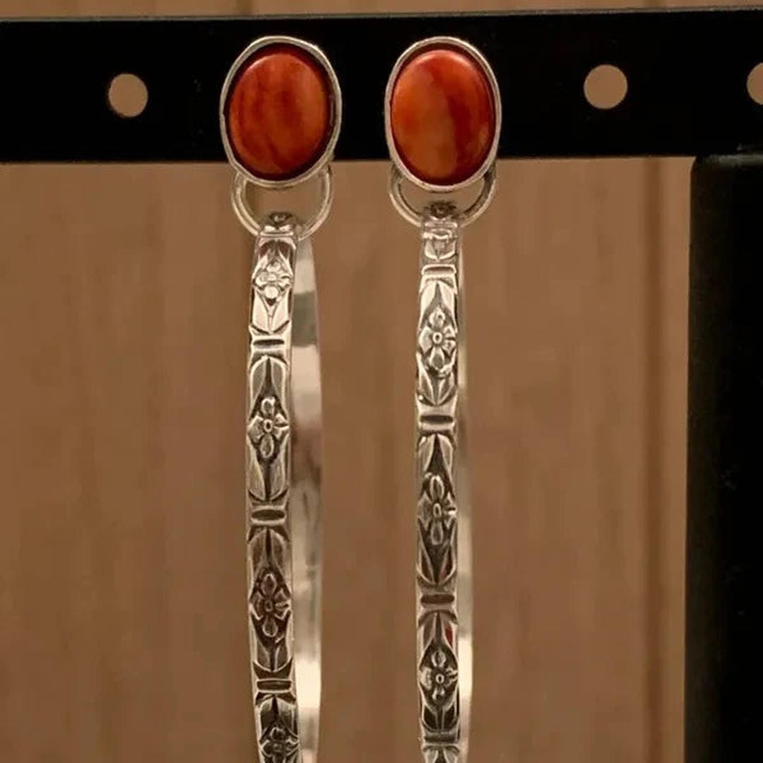 Silver Drop Earrings with Carnelian and Floral Motif