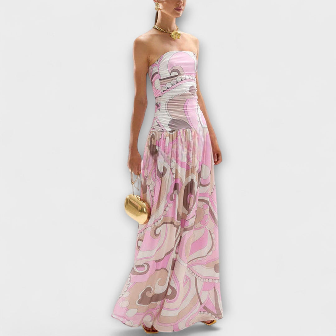 Tatum - Pastellfarbenes schulterfreies Maxikleid