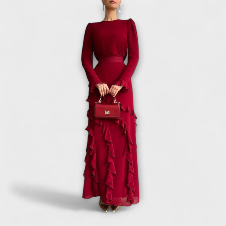 Fallon - Schwarzes Maxikleid mit 3D-Rüschen