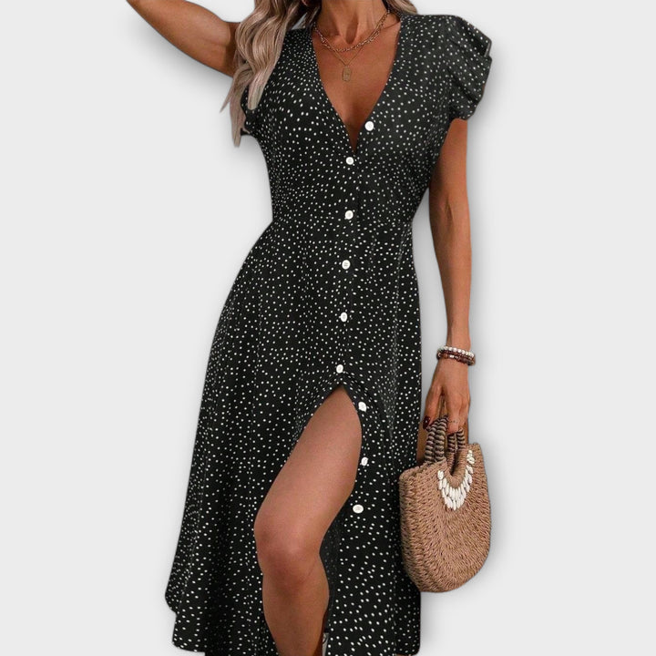 Schickes rotes Polka-Dot-Midikleid mit Knopfleiste
