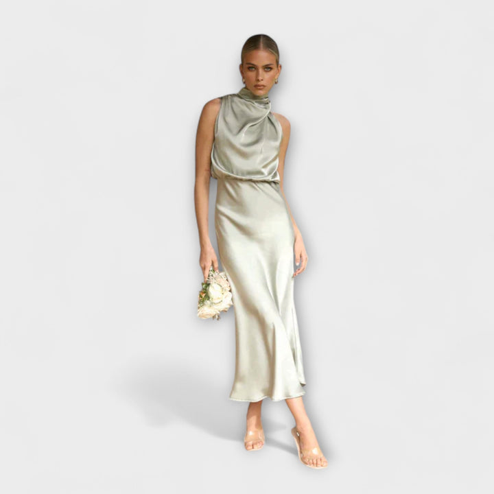 Zenaida - Cremefarbenes Satinkleid mit Neckholder