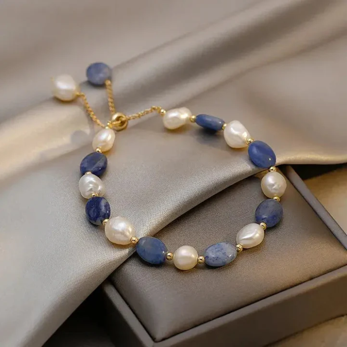 Gold Pearl Beaded Bracelet Aoibh with Blue Stones