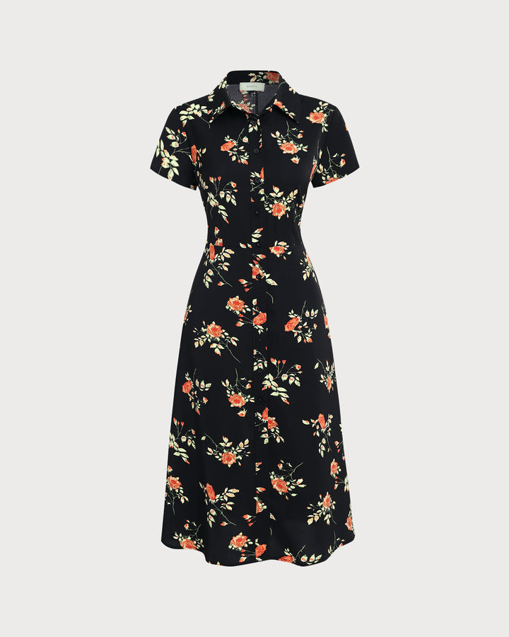 Glória - Schwarzes Midikleid mit Blütenmuster