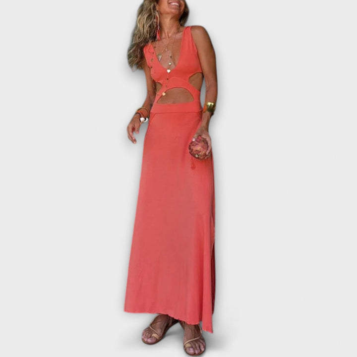 Ella - Gelbes Tie-Dye-Maxikleid mit Cut-Out
