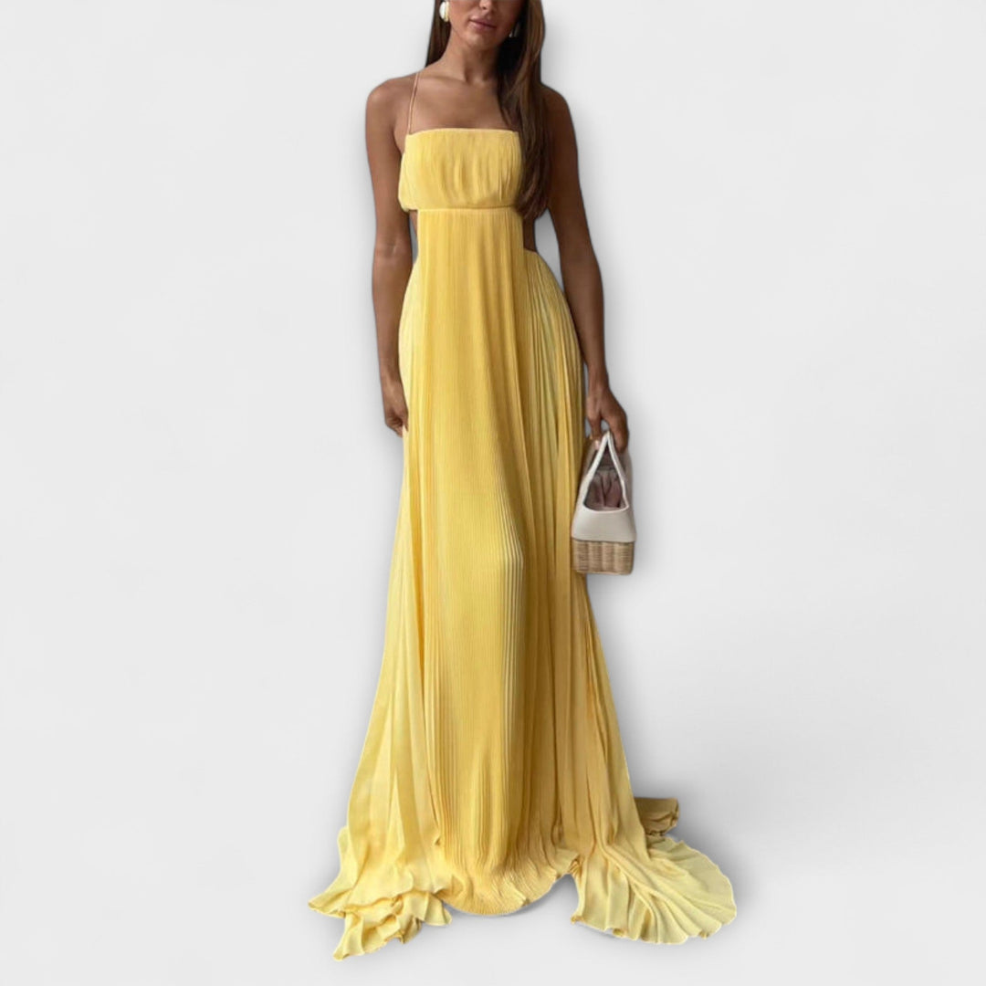 Mireille - Schwarzes plissiertes Maxikleid mit Cut-Out