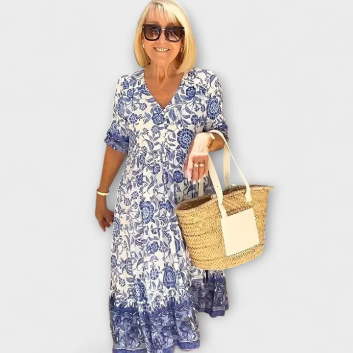 Caitlin - Blau-weisses luftiges Blumenkleid