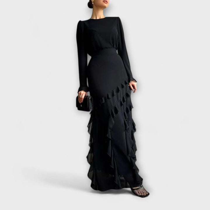 Fallon - Schwarzes Maxikleid mit 3D-Rüschen