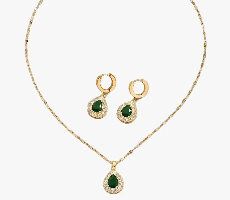 Gold Necklace and Earrings Set with Emerald Teardrops and Zirconia