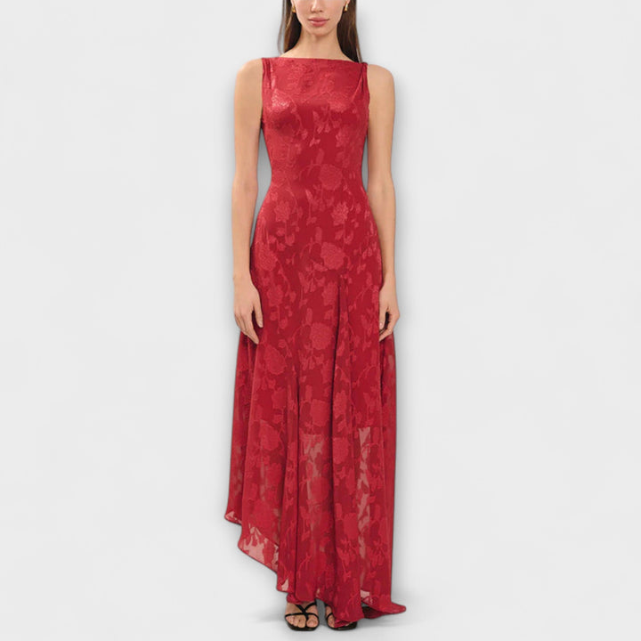 Opal - Rotes rückenfreies Jacquard-Maxikleid
