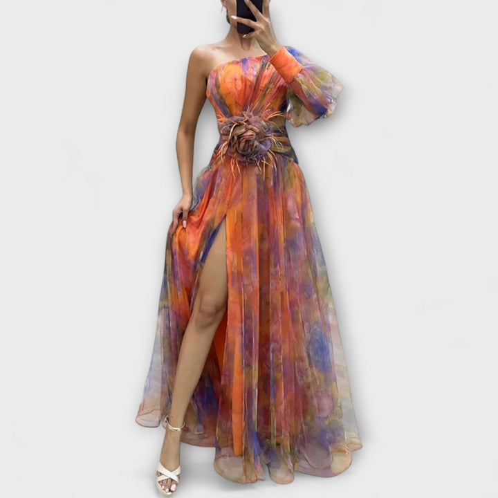 Minna - Lila asymmetrisches Maxikleid mit Print