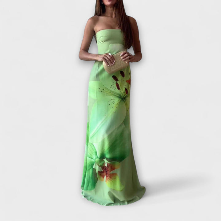 Zephyra - Grünes Off-Shoulder-Maxikleid mit Blütendruck