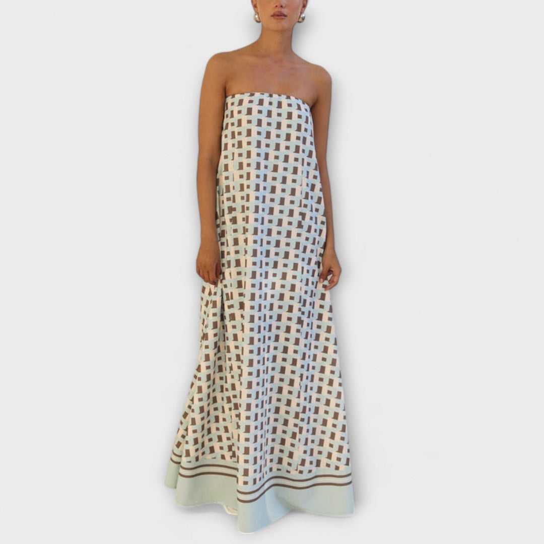 Hasel - Beiges Off-Shoulder-Maxikleid mit Punktmuster