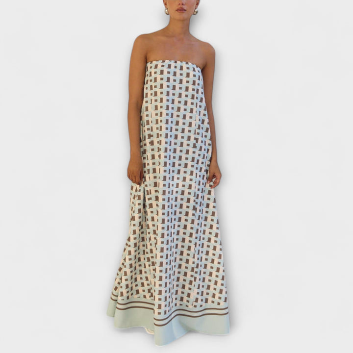 Hasel - Beiges Off-Shoulder-Maxikleid mit Punktmuster