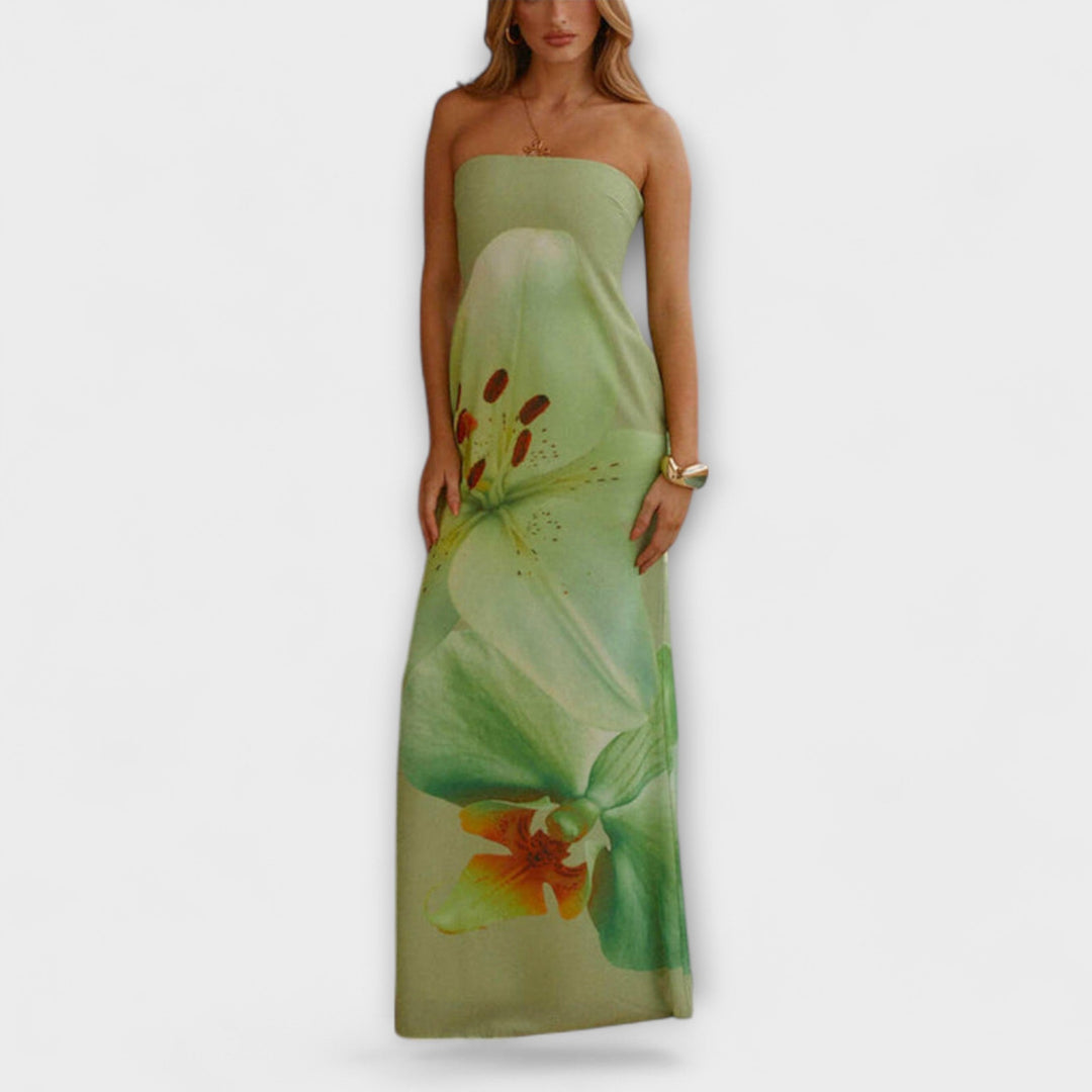 Zephyra - Grünes Off-Shoulder-Maxikleid mit Blütendruck
