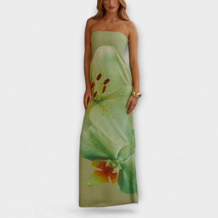 Zephyra - Grünes Off-Shoulder-Maxikleid mit Blütendruck