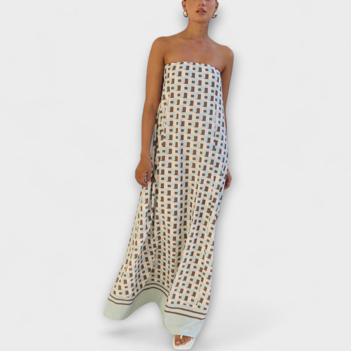 Hasel - Beiges Off-Shoulder-Maxikleid mit Punktmuster