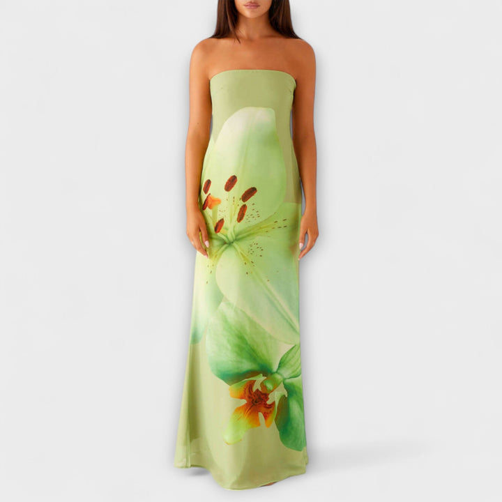 Zephyra - Grünes Off-Shoulder-Maxikleid mit Blütendruck