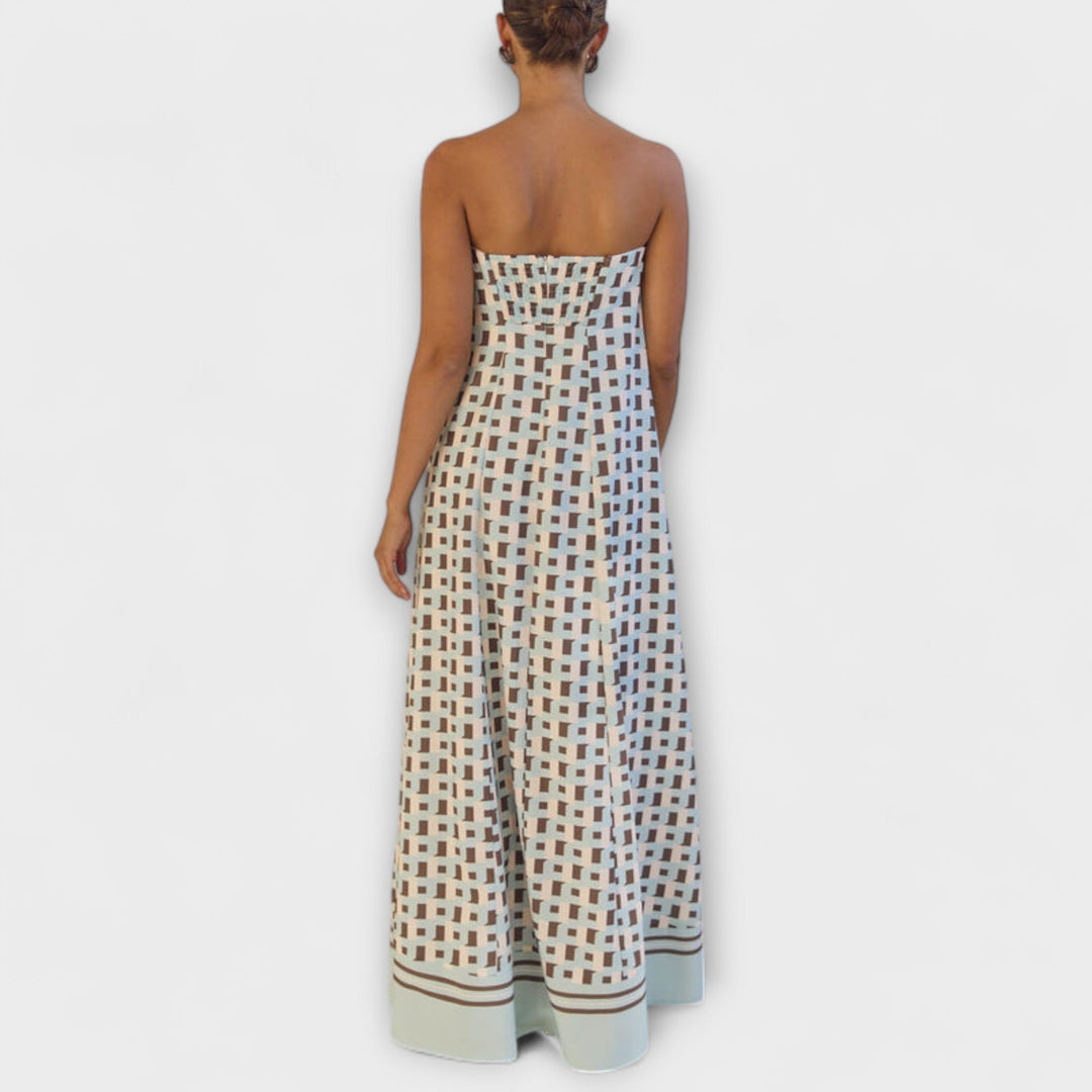 Hasel - Beiges Off-Shoulder-Maxikleid mit Punktmuster