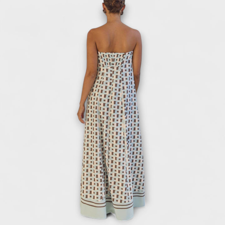 Hasel - Beiges Off-Shoulder-Maxikleid mit Punktmuster