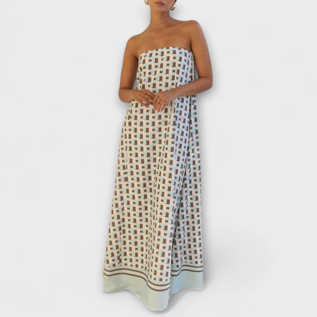 Hasel - Beiges Off-Shoulder-Maxikleid mit Punktmuster