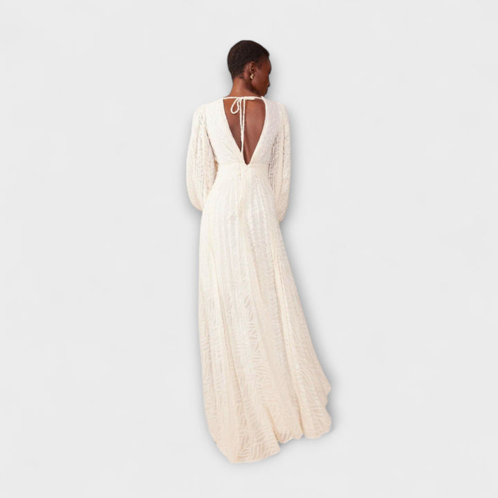 Elsa - Cremefarbenes Maxikleid mit Stickerei