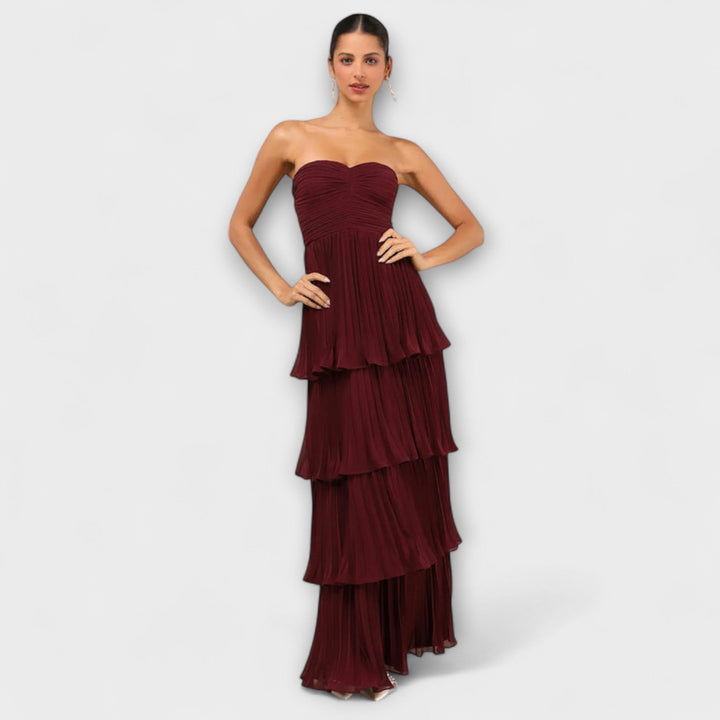 Lorena - Bordeauxrotes trägerloses Stufen-Maxikleid