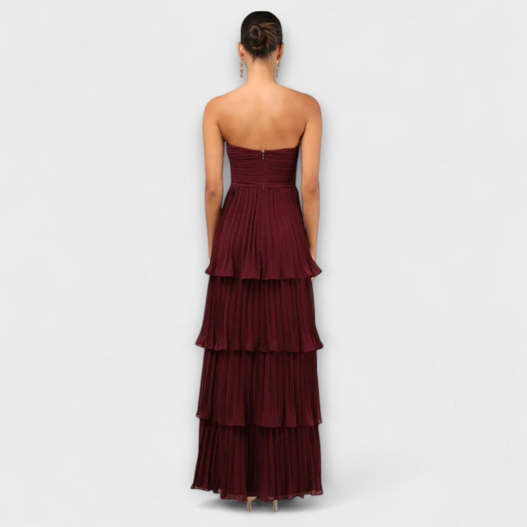 Lorena - Bordeauxrotes trägerloses Stufen-Maxikleid
