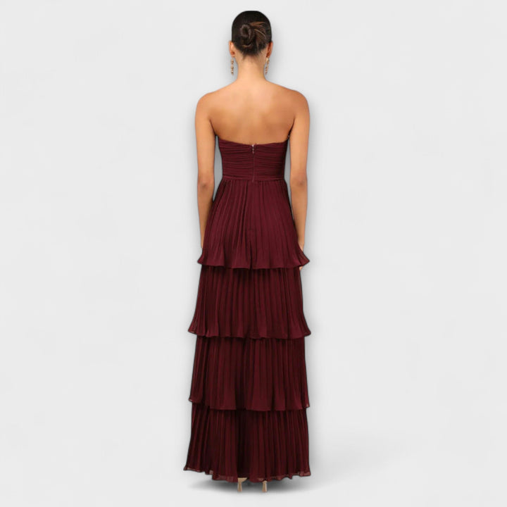 Lorena - Bordeauxrotes trägerloses Stufen-Maxikleid