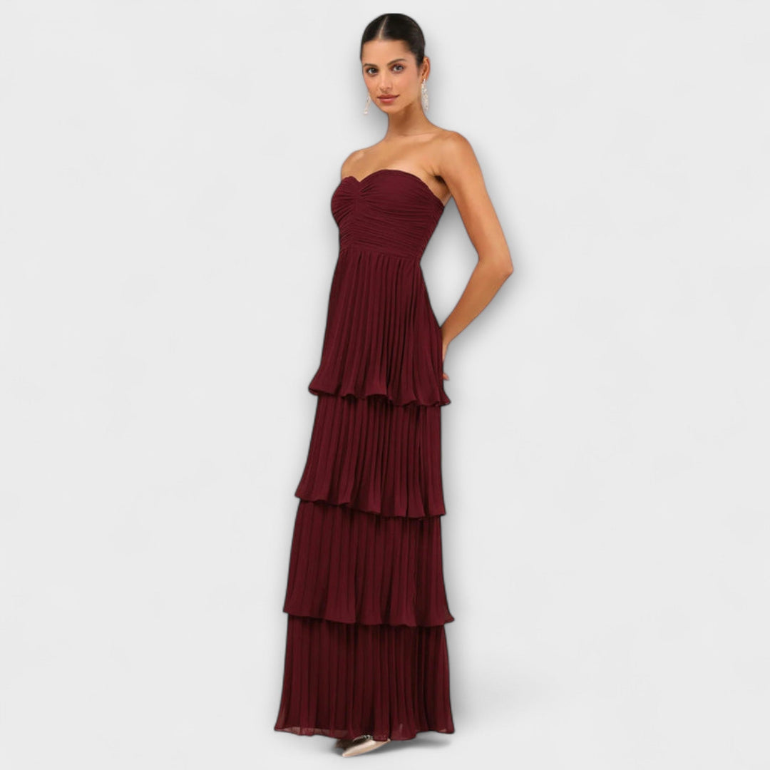 Lorena - Bordeauxrotes trägerloses Stufen-Maxikleid