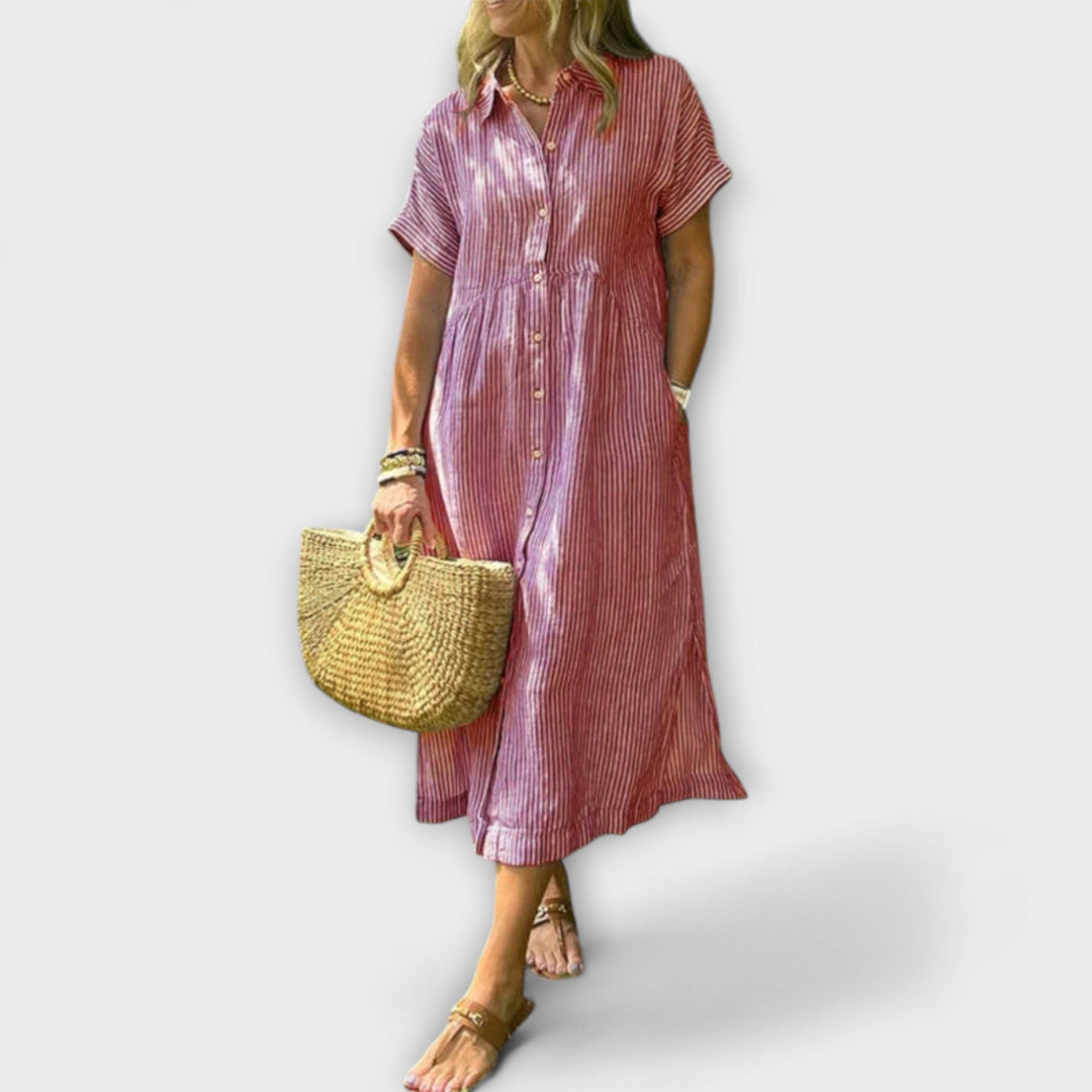 Anorea - Hellblaues gestreiftes Hemdblusenkleid