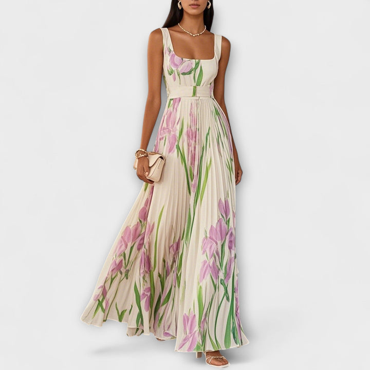 Penélope - Cremefarbenes Chiffon-Maxikleid mit Blüten