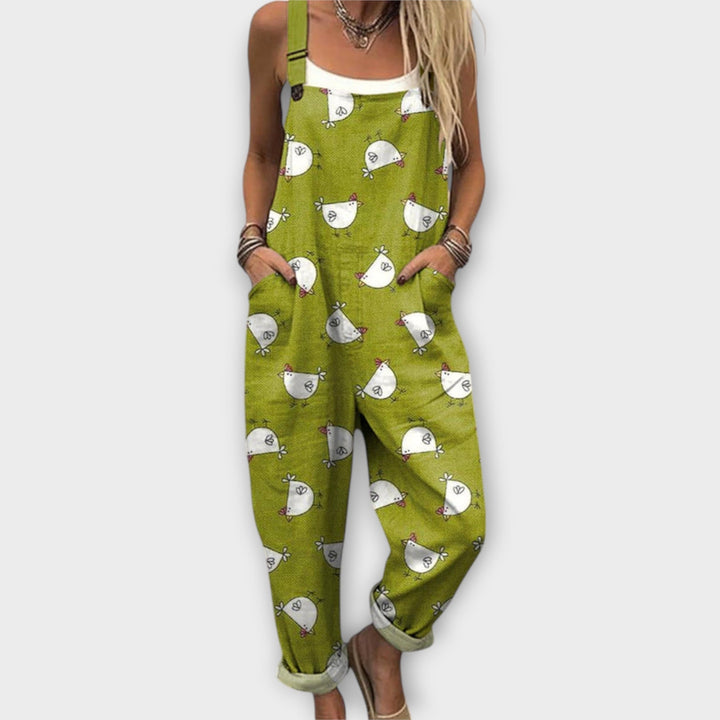 Aurelia - Grüne Latzhose mit Hühnermotiv