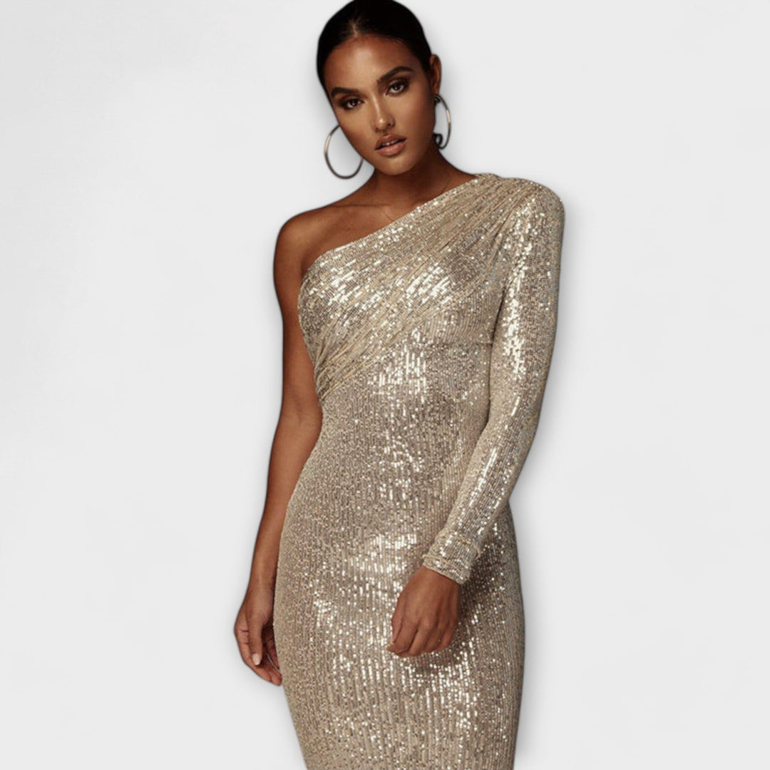 Margely - Goldenes One-Shoulder-Abendkleid mit Pailletten